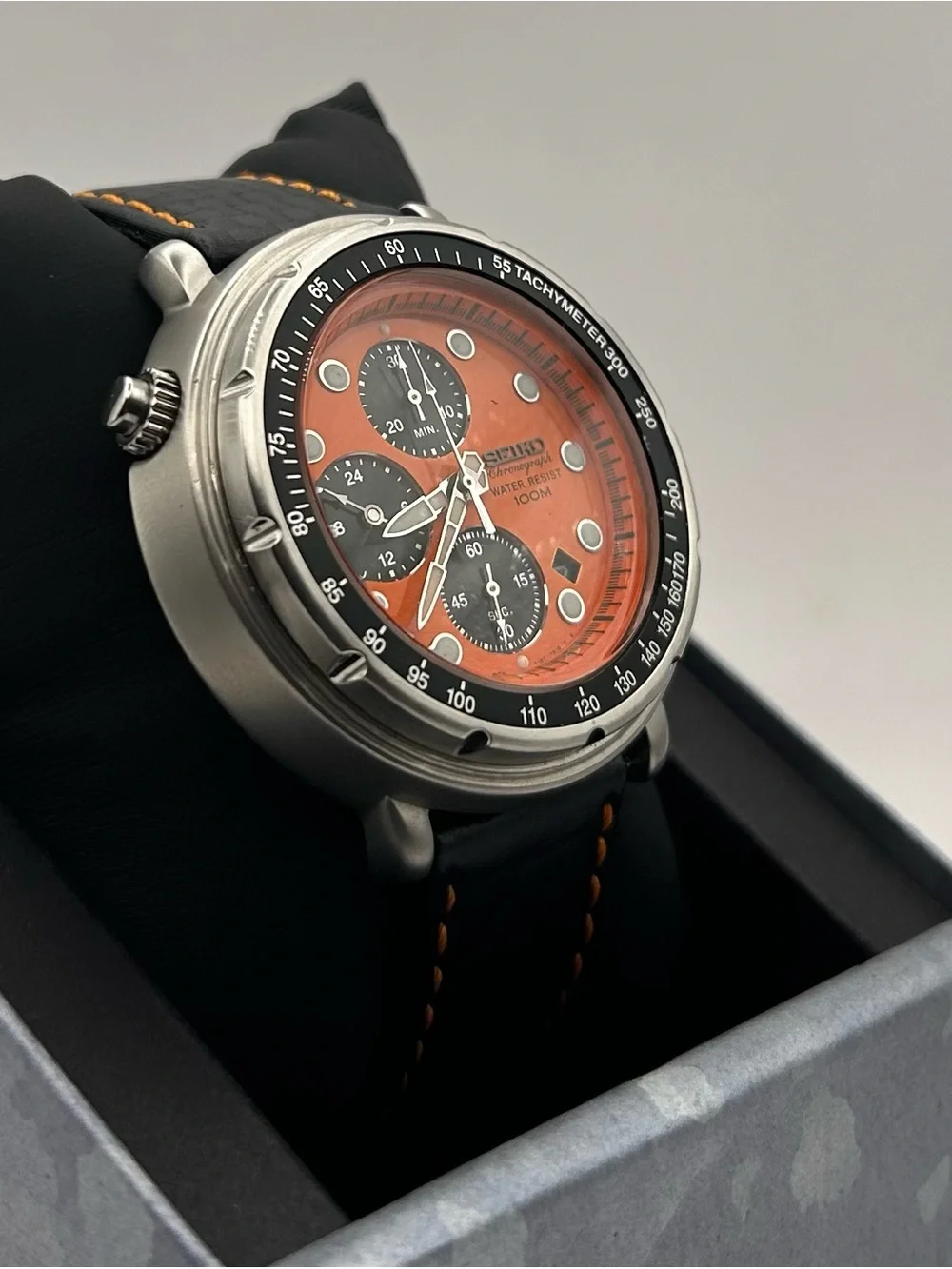 Seiko Italian Tuna Men’s Orange Dial Silver Case Chronograph Quartz 47mm Watch